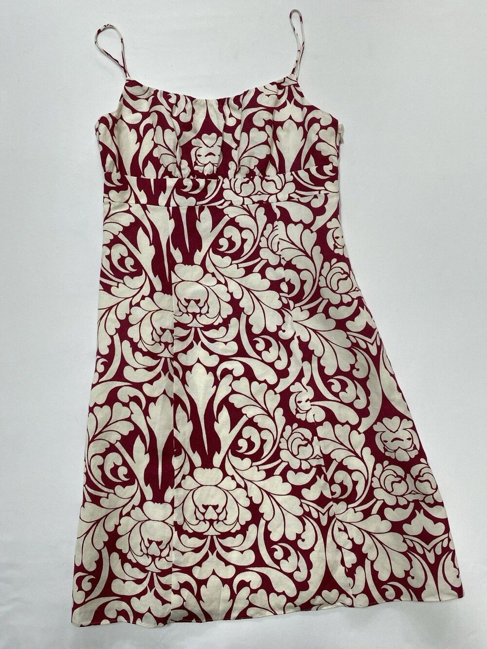 Ann Taylor Petites Size 2P Burgundy White Damask Linen Blend Cami Dress Baroque